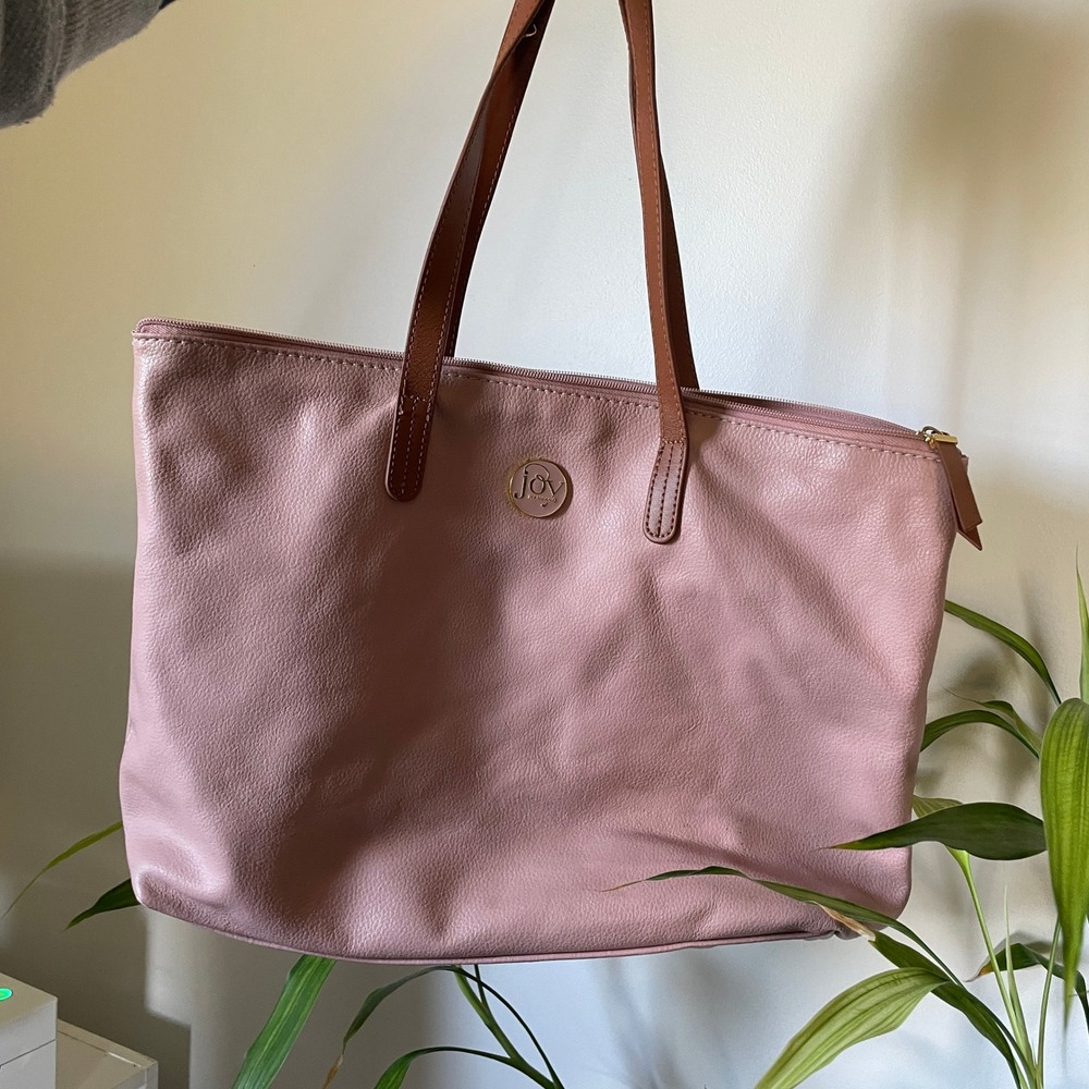 Joy Mangano Rose Gold Metallic Tote Bag Leather Handles‎ Zipper Top Everyday